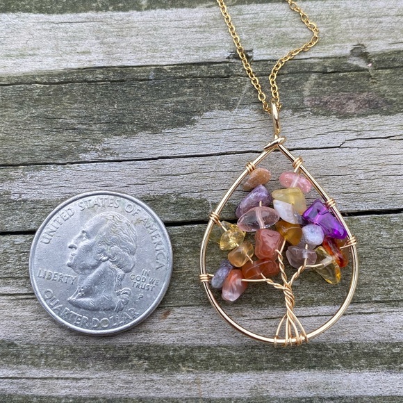 Natural multi stone tree of life wire wrapped necklace stainless steel chain - Picture 6 of 7